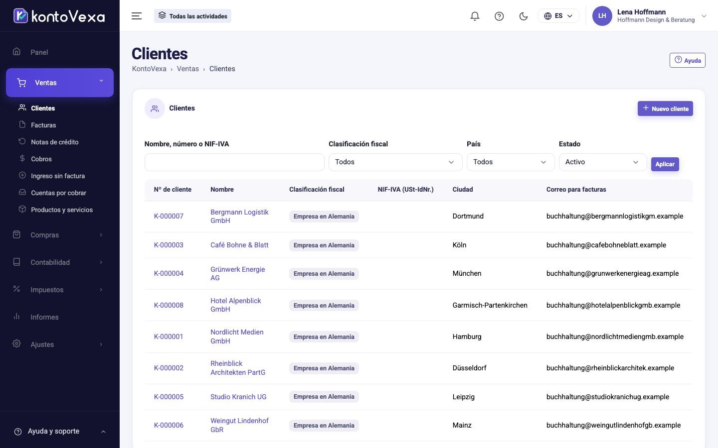 La lista de clientes con búsqueda y filtros