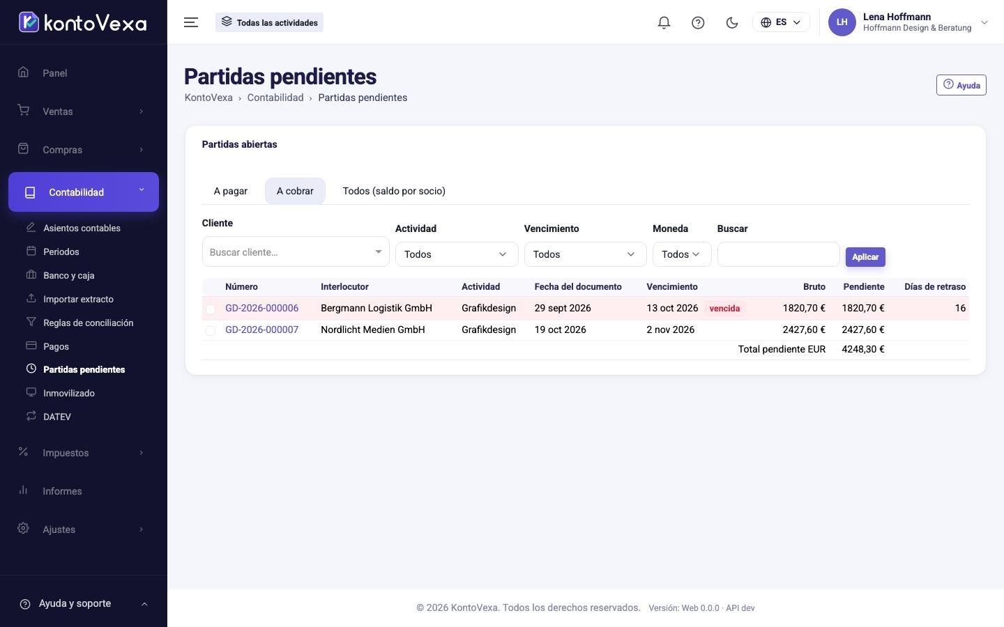 Cuentas por cobrar con filtros, días de demora y total
