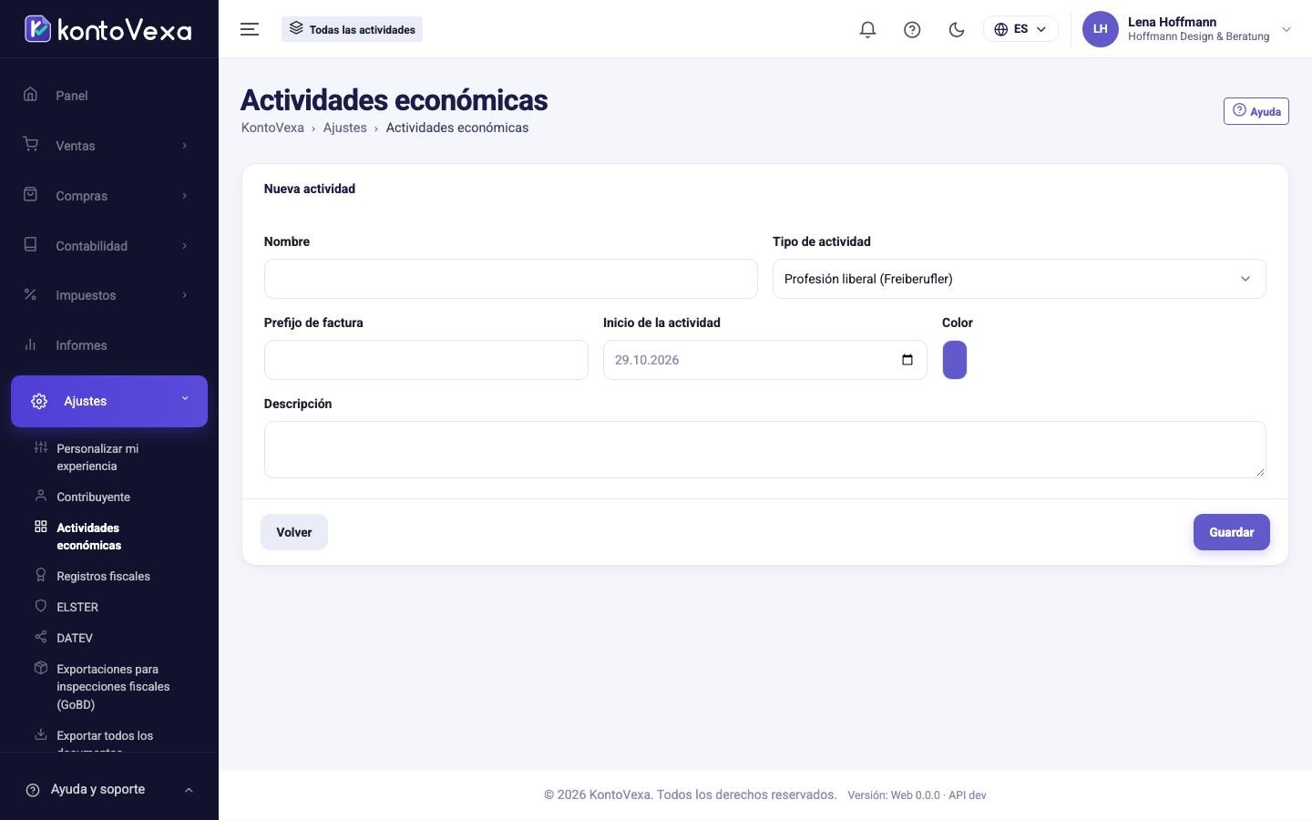 El formulario de una nueva actividad