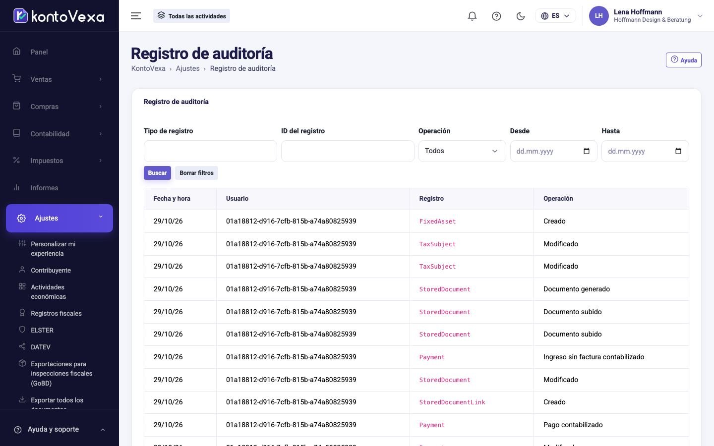 El registro de auditoría con filtros