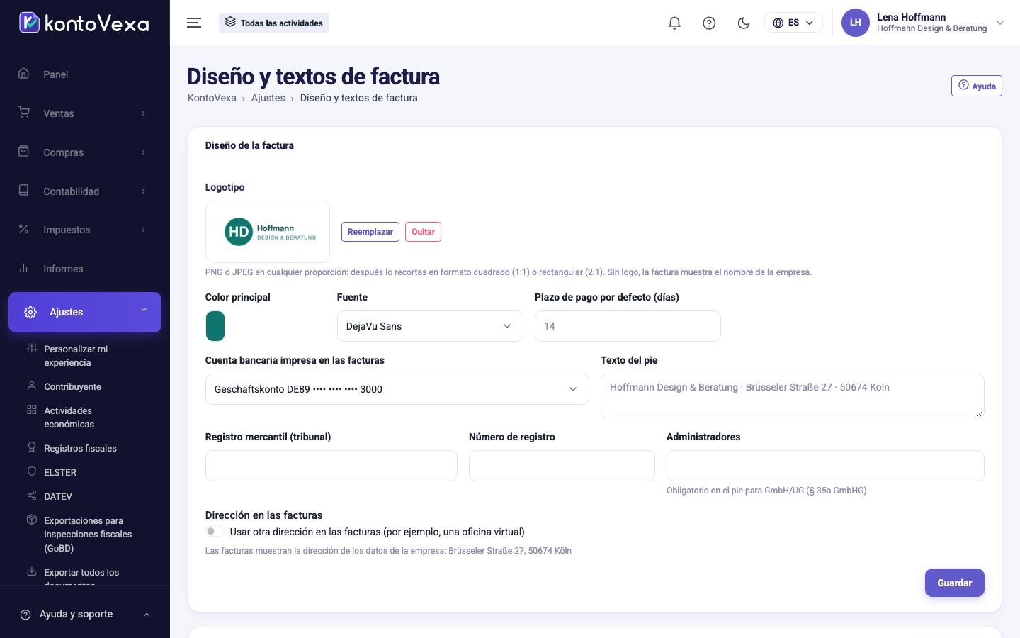 Diseño de factura y textos de factura
