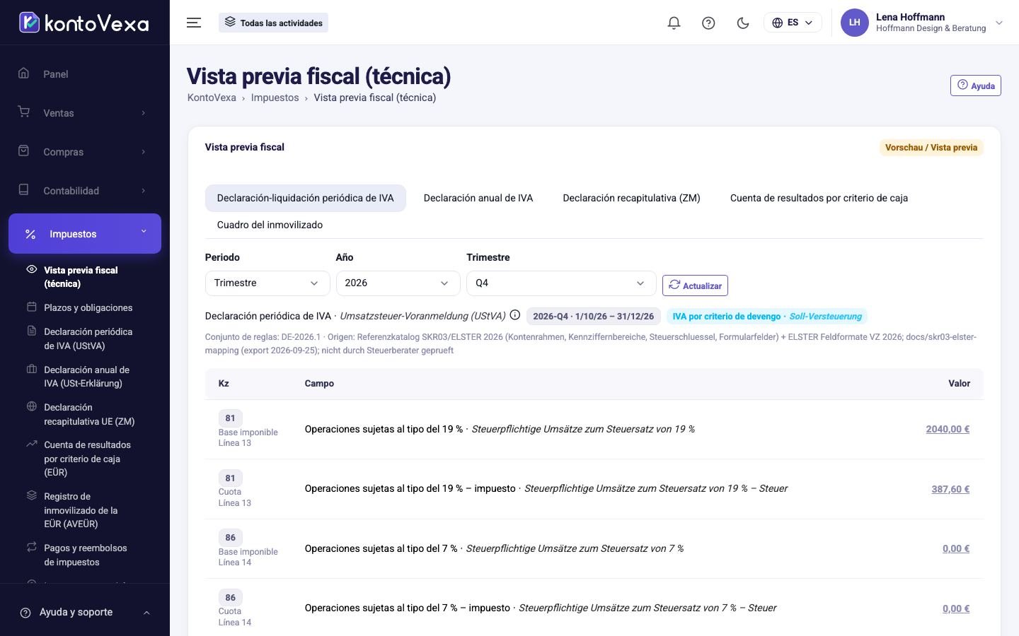 La vista previa técnica de una Umsatzsteuer-Voranmeldung, desglosada por actividad