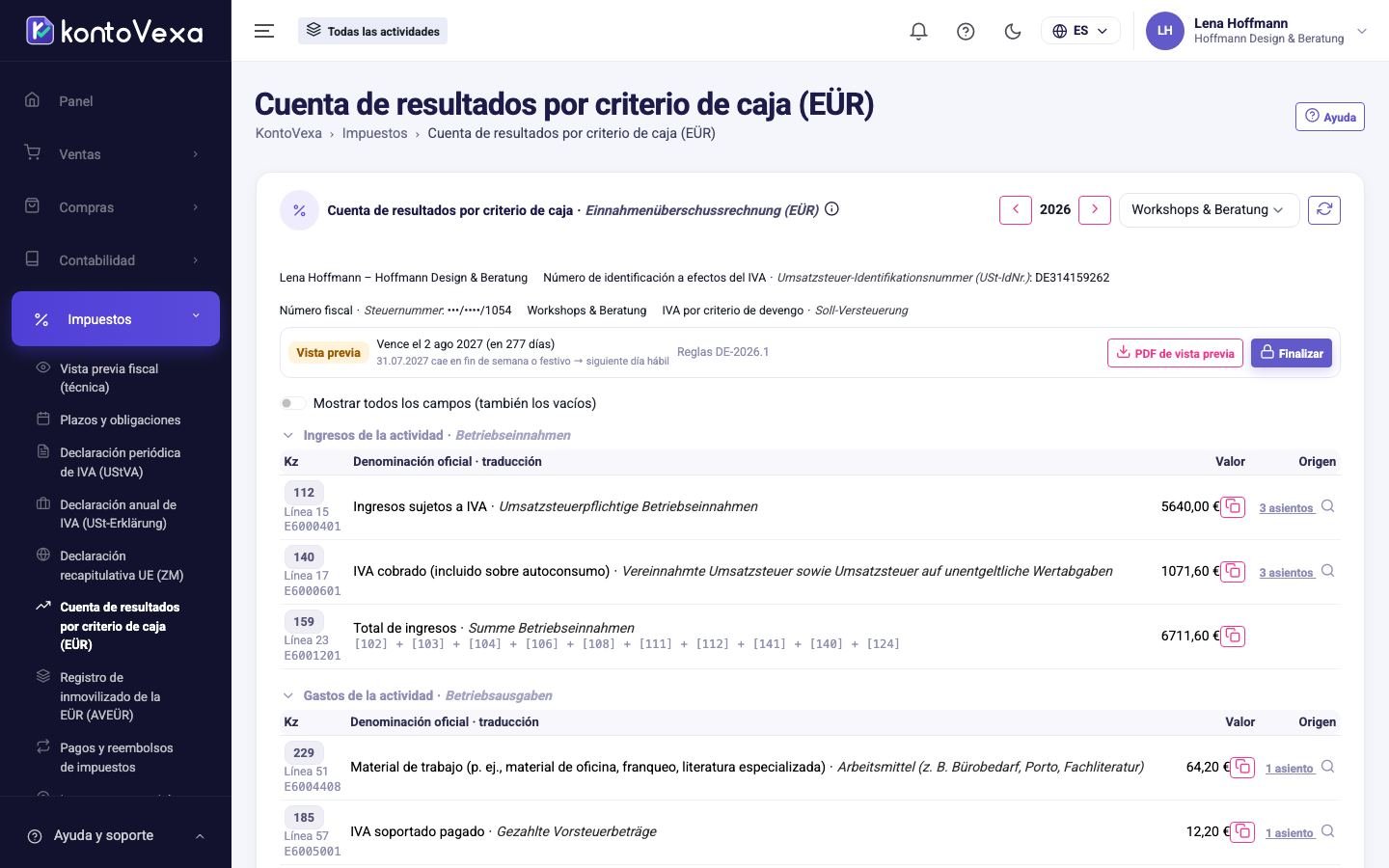 La Anlage EÜR de una actividad en estado Vista previa