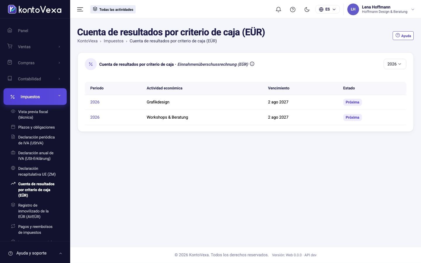 Captura de pantalla de KontoVexa: Cuenta de ingresos y gastos (EÜR)