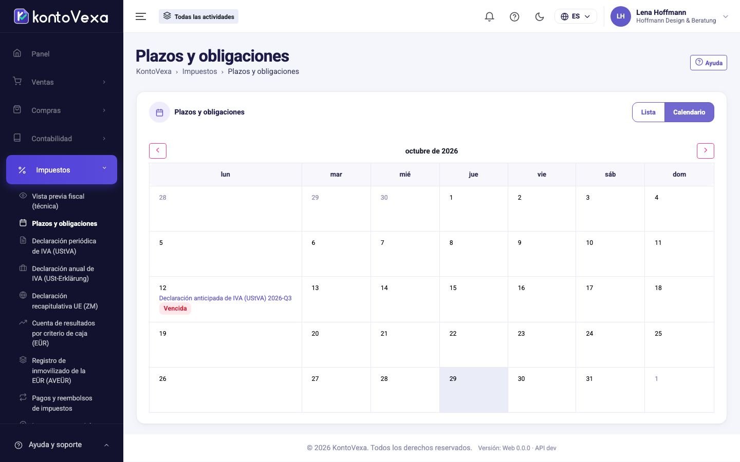 La vista mensual de las obligaciones