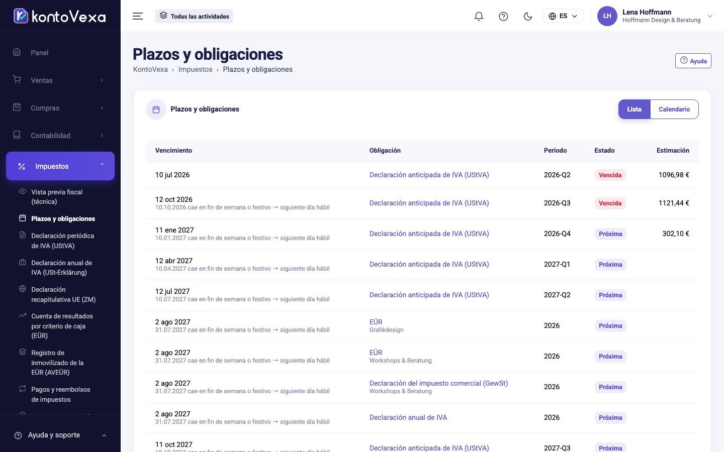 Captura de pantalla de KontoVexa: Declaraciones y plazos