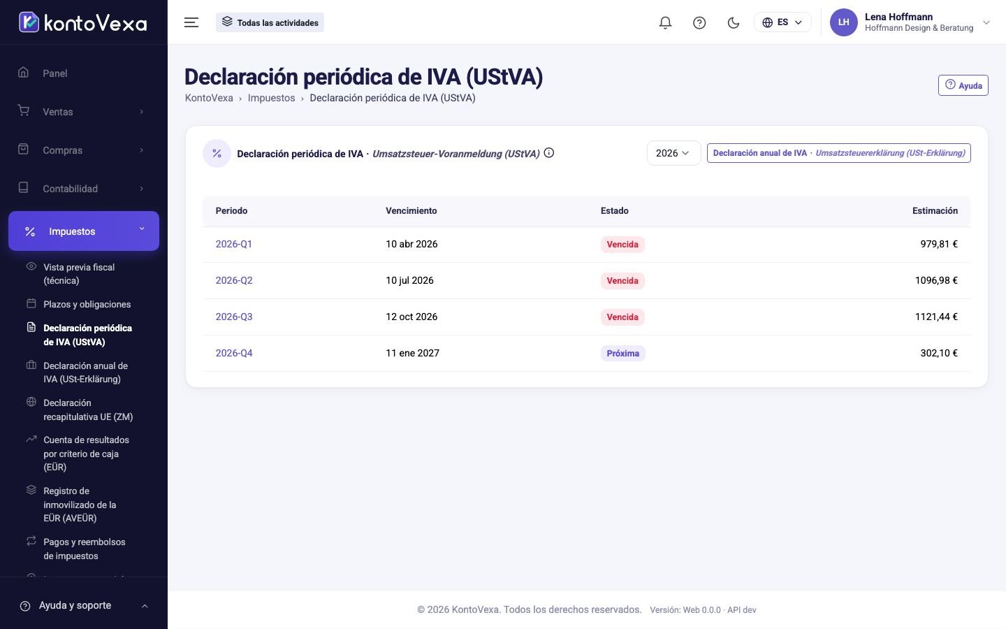 Captura de pantalla de KontoVexa: Declaración anticipada del IVA