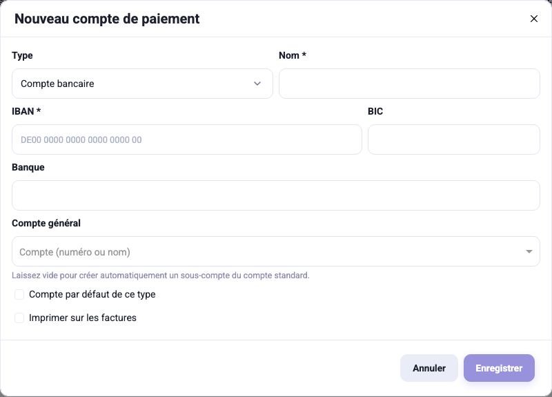 La boîte de dialogue d'un nouveau compte de paiement