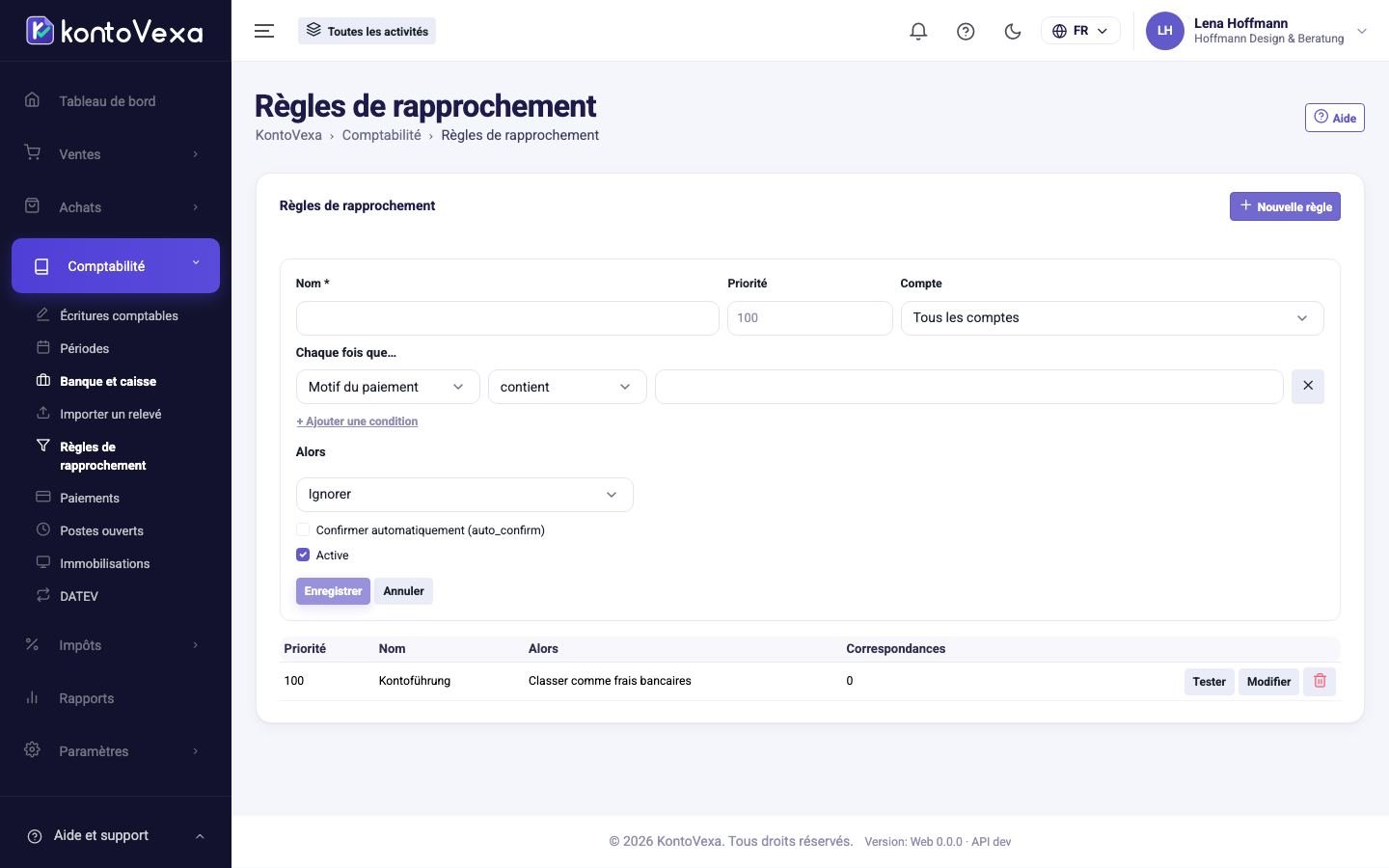 L'éditeur de règle au-dessus de la liste des règles