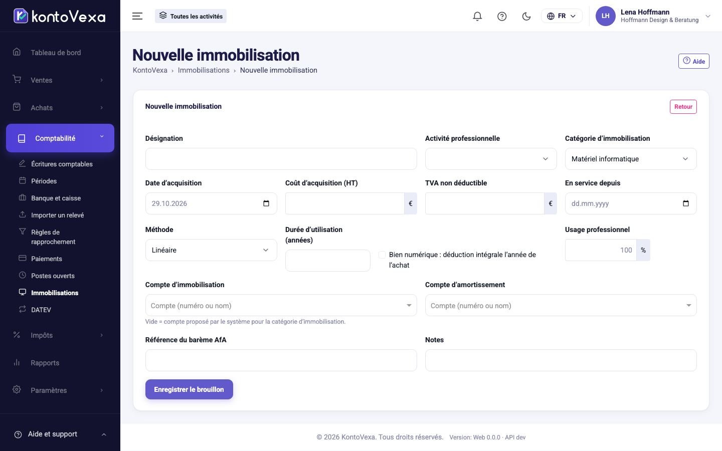 Le formulaire d'une nouvelle immobilisation