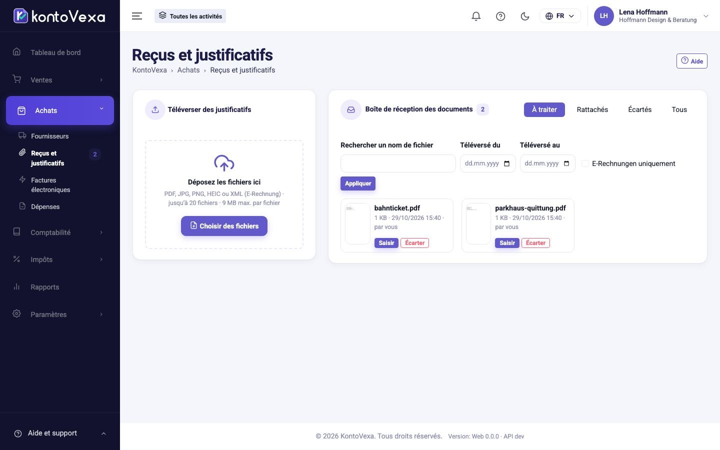 La boîte de réception des justificatifs avec zone de téléversement et filtres