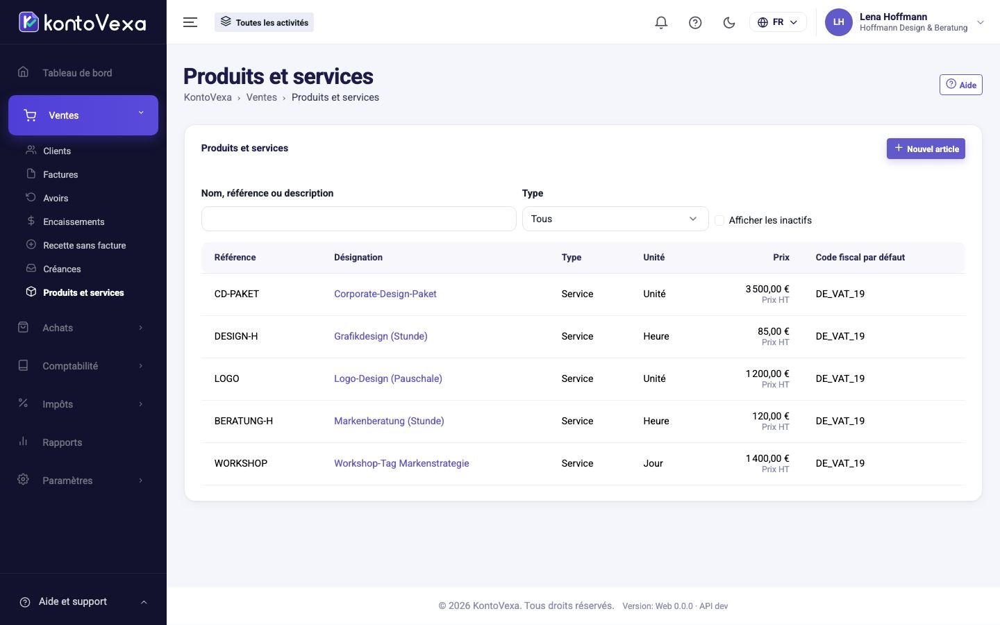 La liste des produits et services