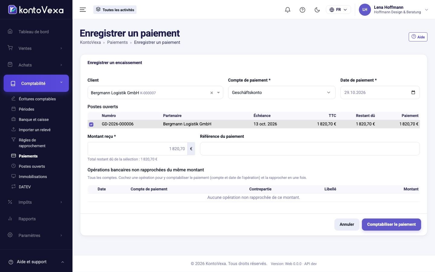 L'encaissement avec les factures présélectionnées