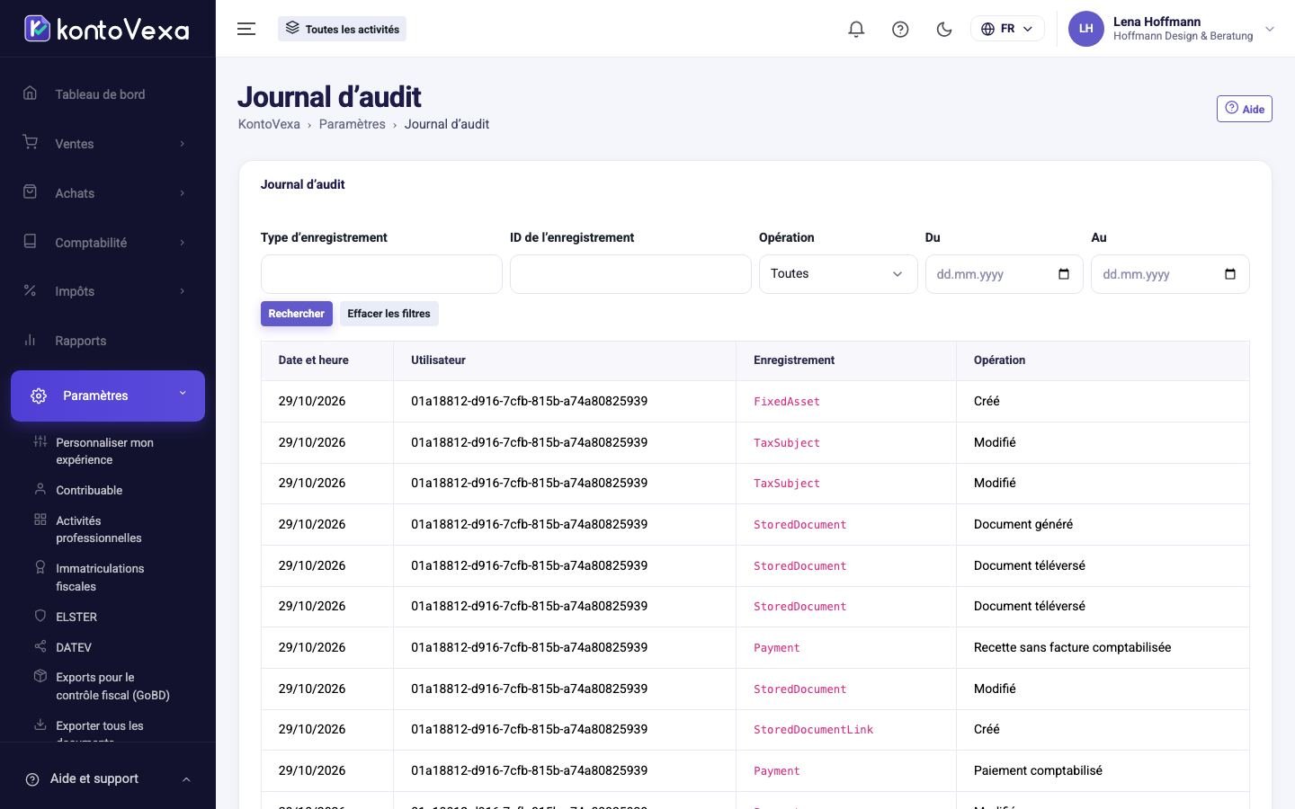 Le journal d’audit avec ses filtres