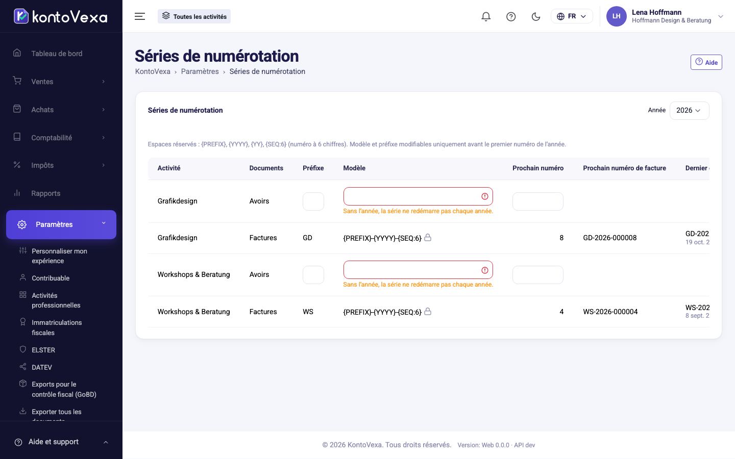 Les séries de numérotation de l'année avec format, numéro suivant et dernier numéro attribué
