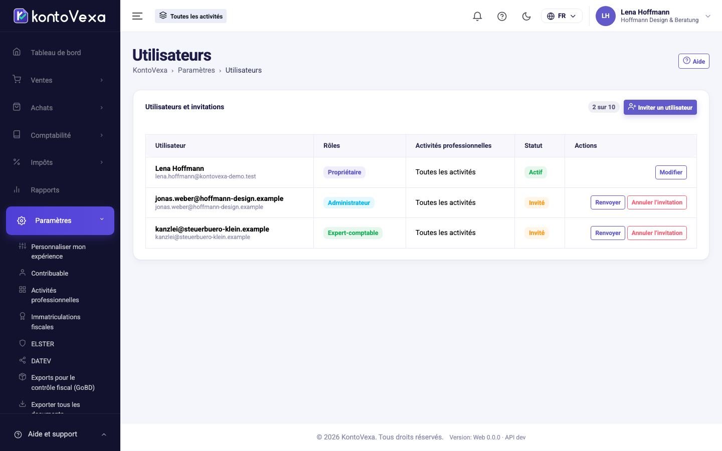 La liste des utilisateurs et des invitations