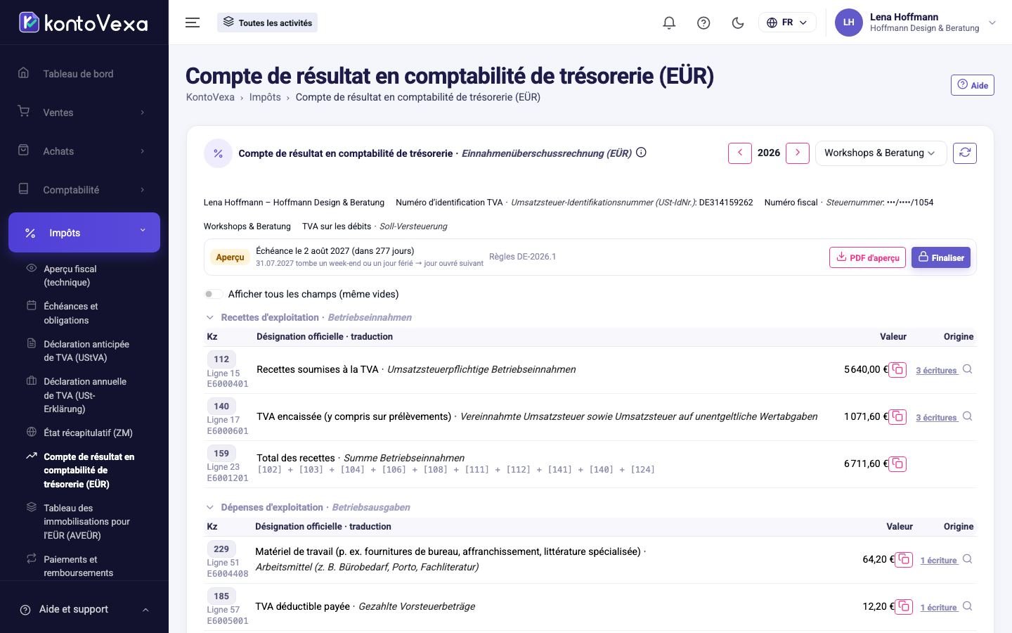 L'Anlage EÜR d'une activité au statut Aperçu