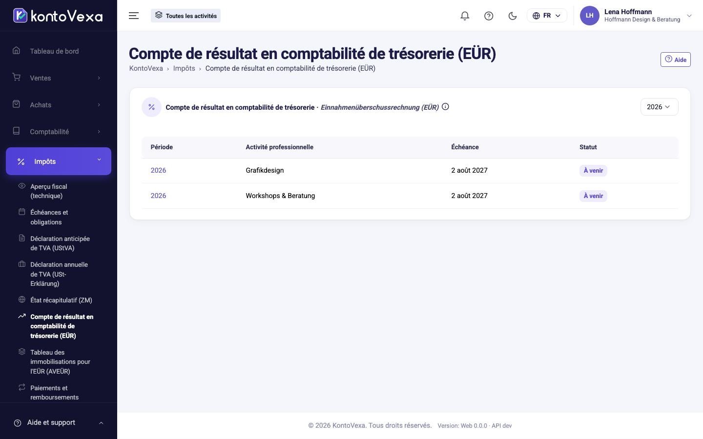 Capture d’écran de KontoVexa : Einnahmenüberschussrechnung