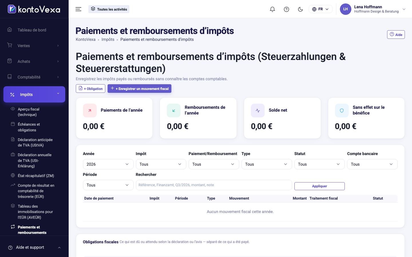 La liste des mouvements fiscaux d'une année