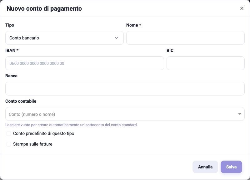 La finestra di un nuovo conto di pagamento