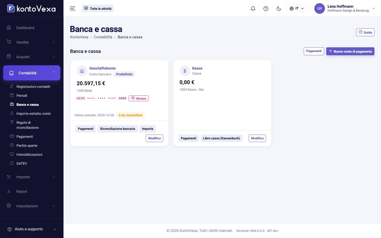 I conti di pagamento come schede con saldo e conto contabile