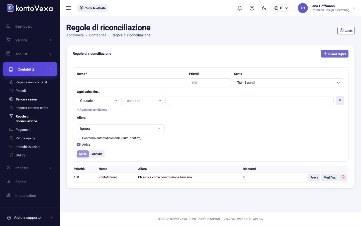 L'editor delle regole sopra l'elenco delle regole