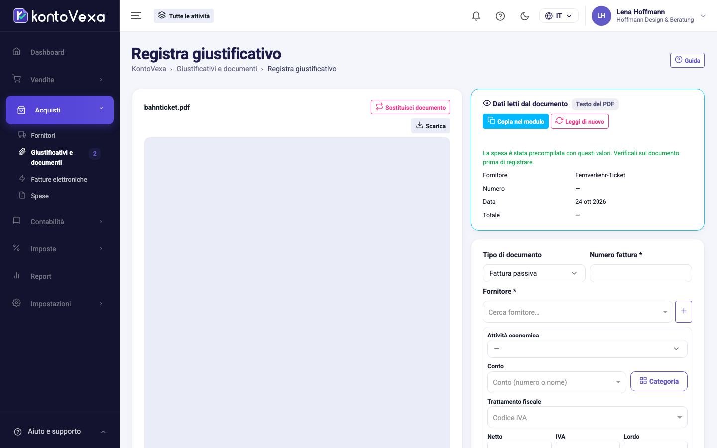 Un giustificativo in registrazione