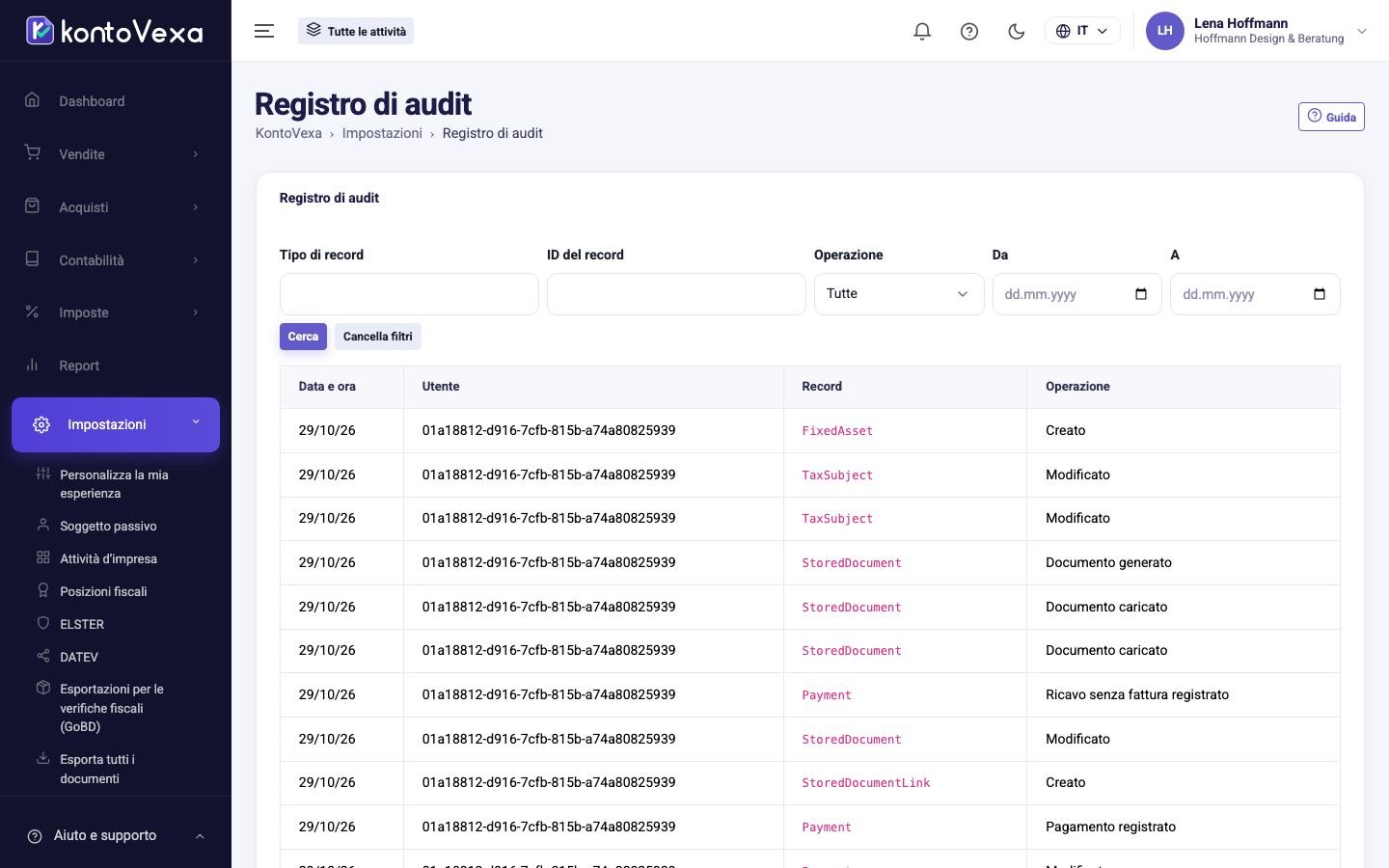 Il registro di audit con i filtri