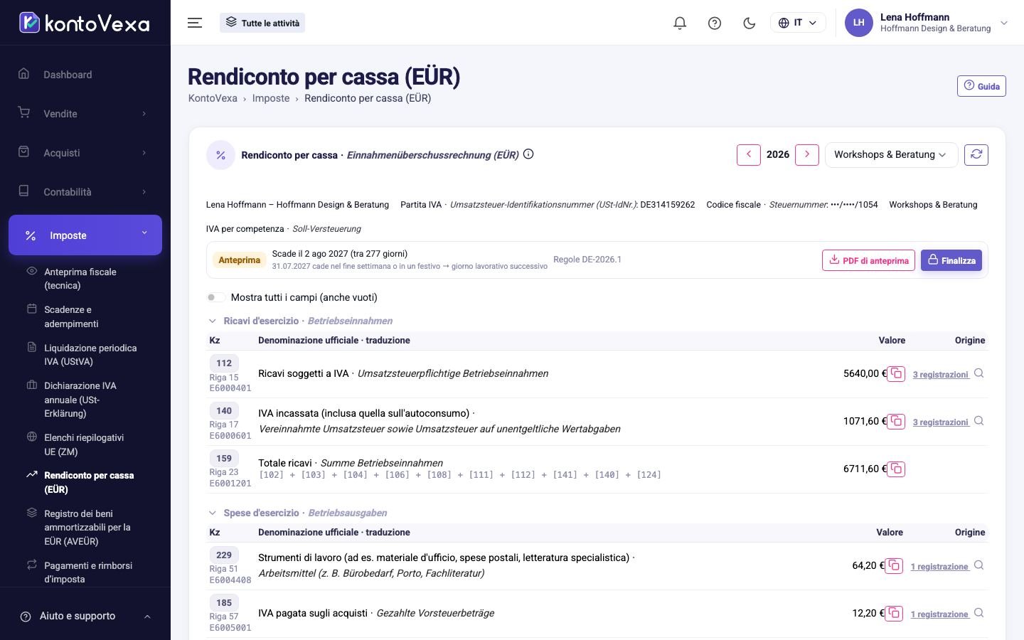 La Anlage EÜR di un'attività nello stato Anteprima