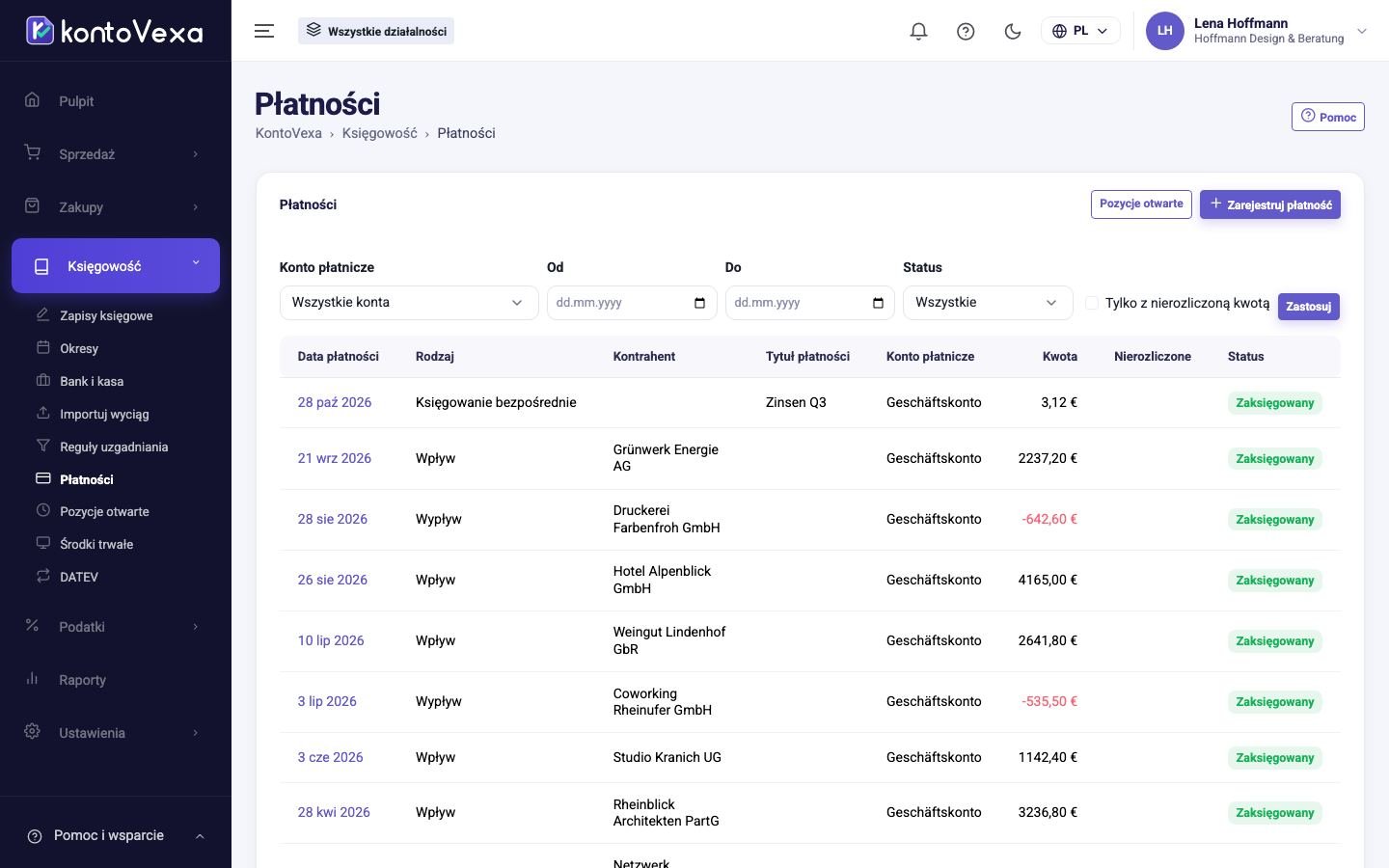 Lista płatności z filtrami