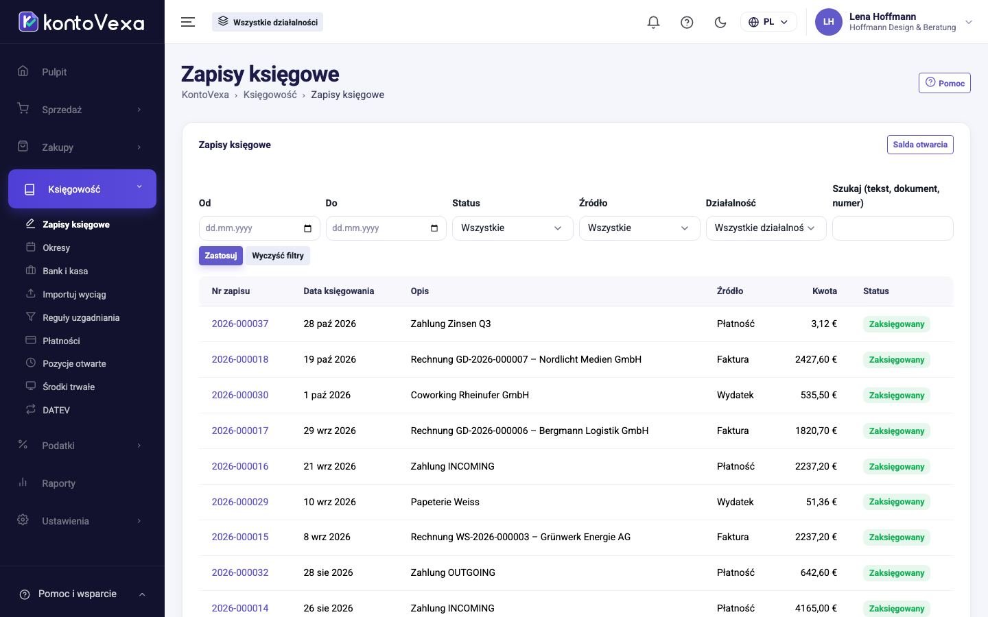 Lista zapisów z filtrami