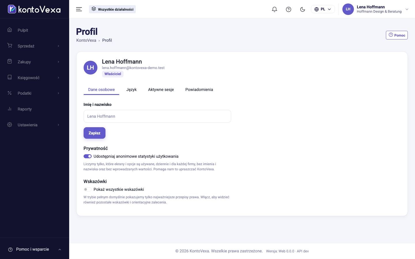 Profil z kartą danych osobowych