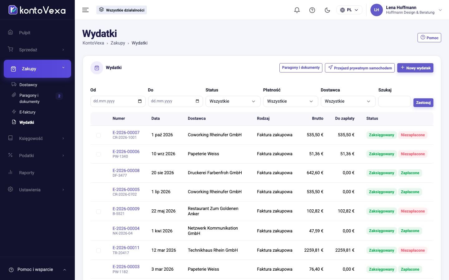 Lista wydatków z filtrami