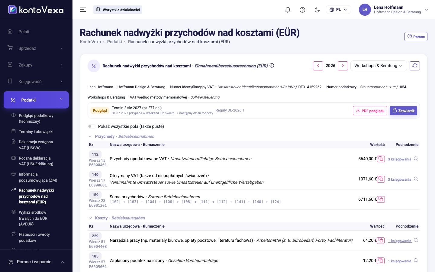 Anlage EÜR działalności w statusie podglądu