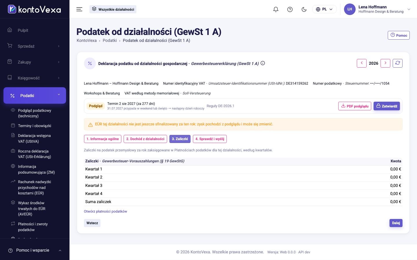 Krok z zaliczkami na podatek od działalności gospodarczej według kwartałów