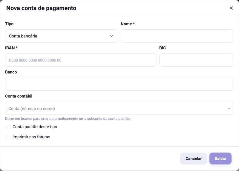 O diálogo de uma nova conta de pagamento