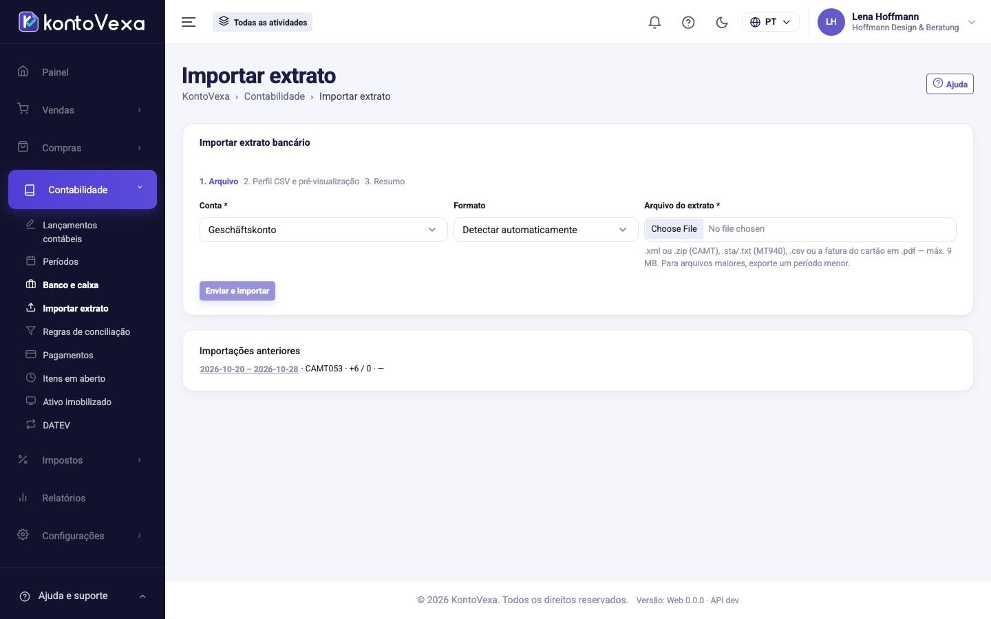 O primeiro passo da importação com conta, formato e arquivo