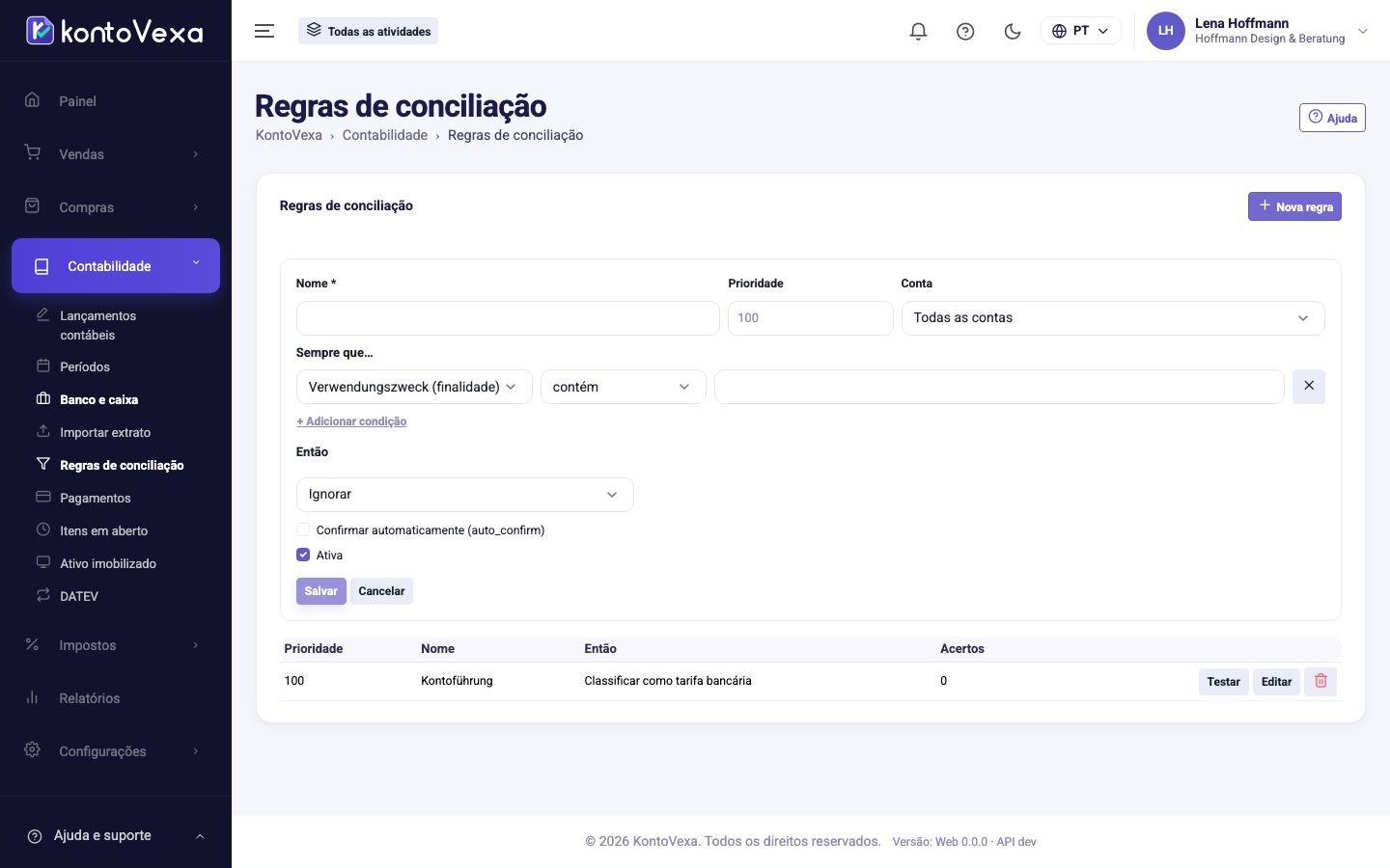 O editor de regras acima da lista de regras