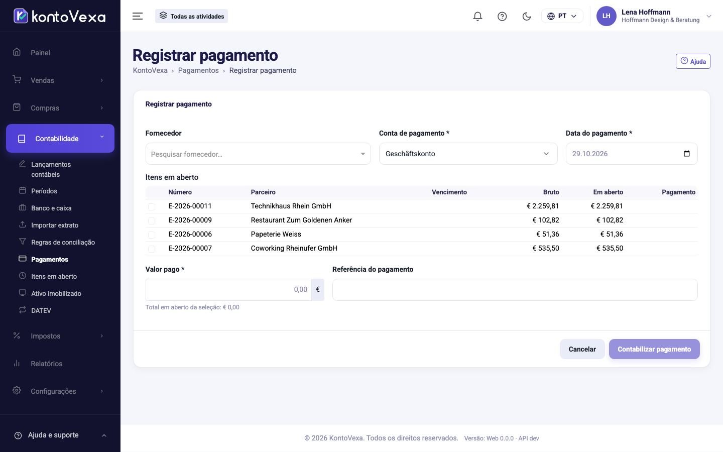 O editor de um novo pagamento