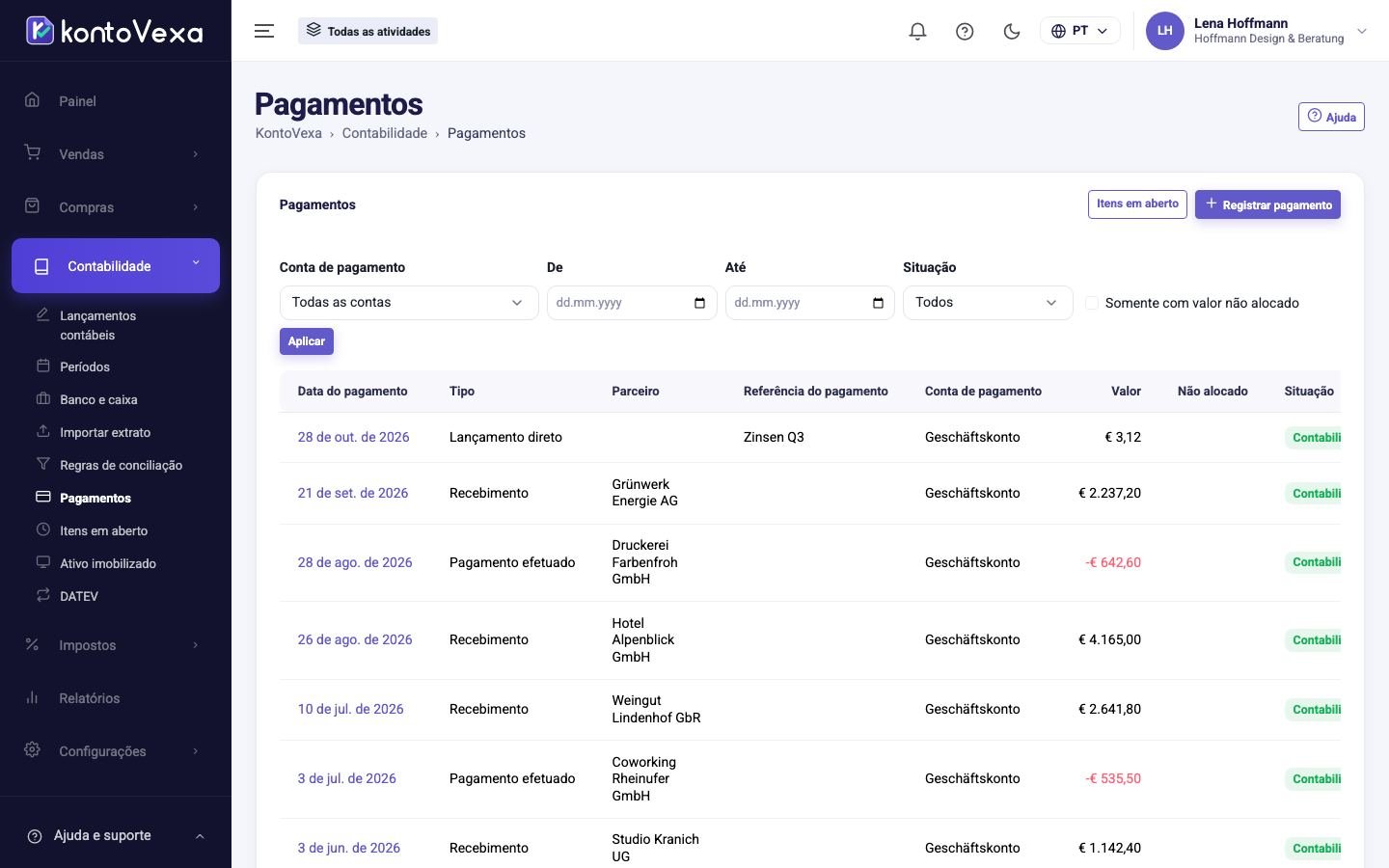 A lista de pagamentos com filtros