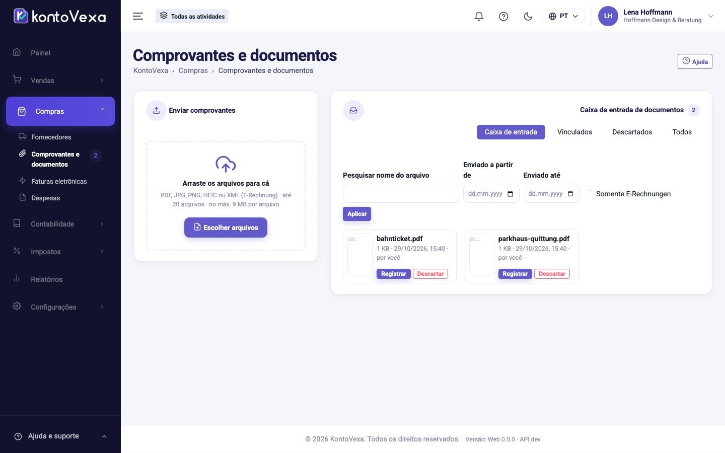 A caixa de entrada de comprovantes com área de envio e filtros