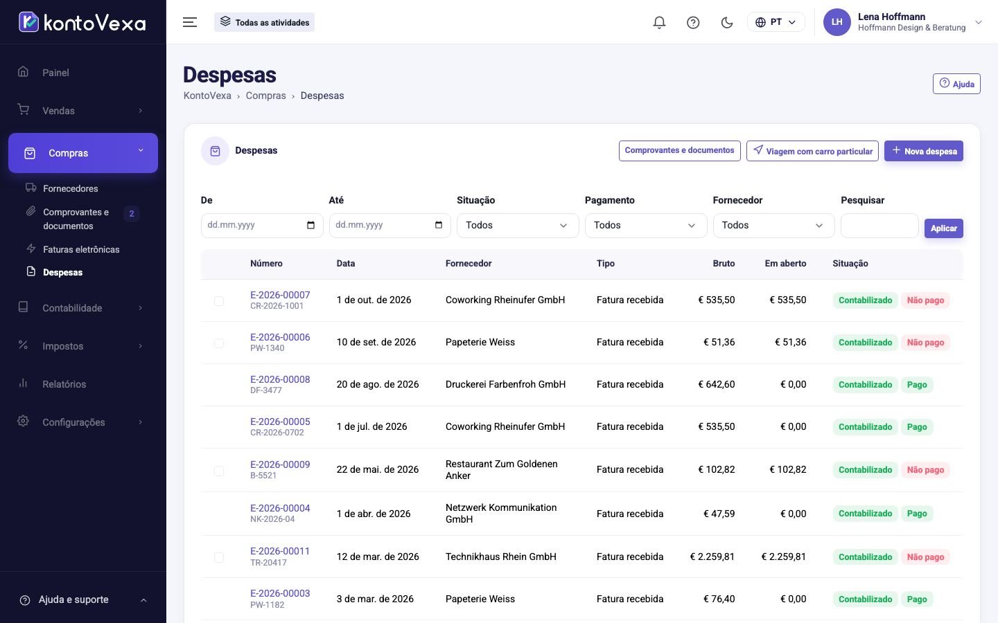 A lista de despesas com filtros
