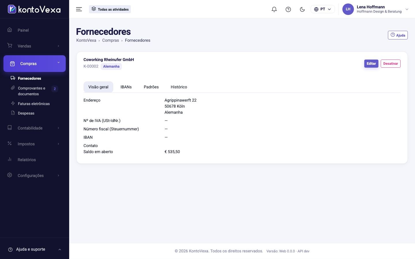 A ficha de um fornecedor com as abas