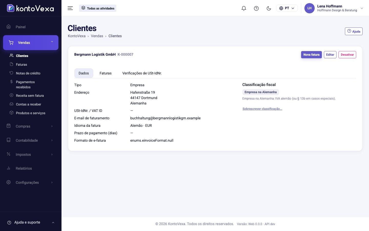 A tela de um cliente com dados e classificação fiscal