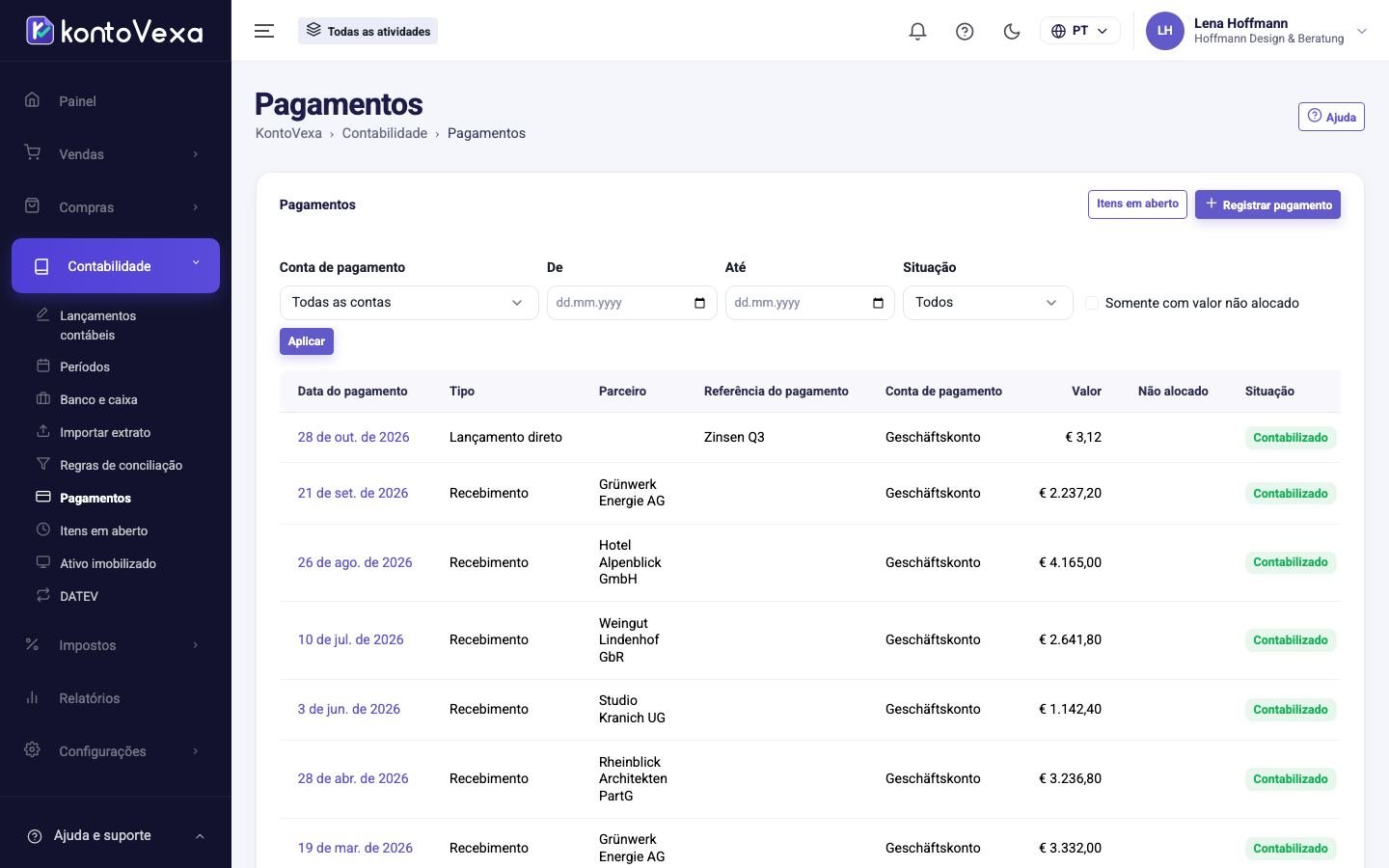 A lista de pagamentos recebidos