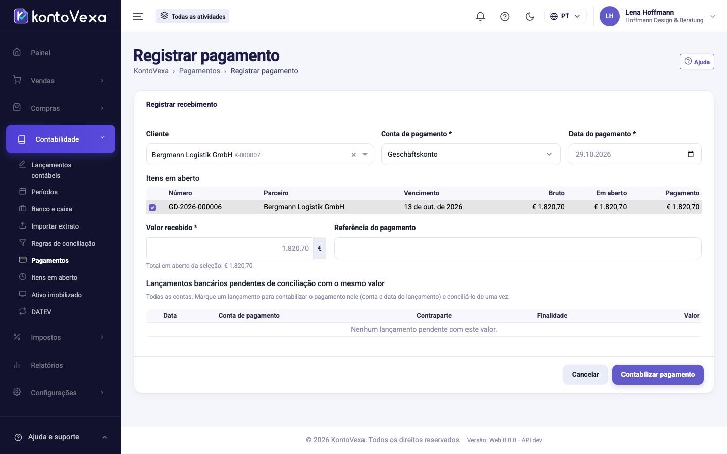 O recebimento com as faturas já selecionadas