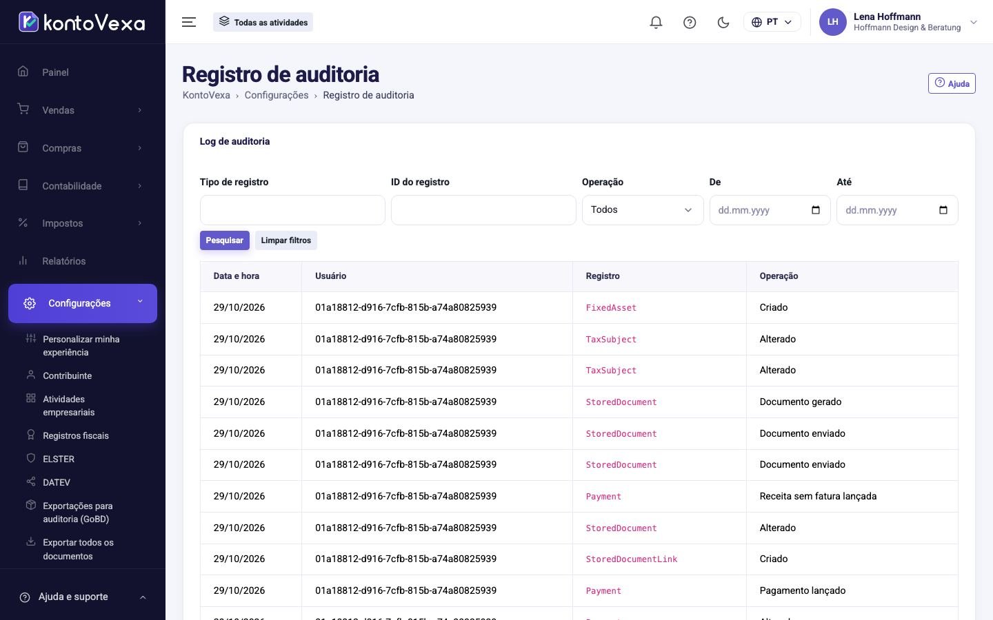 O registro de auditoria com filtros
