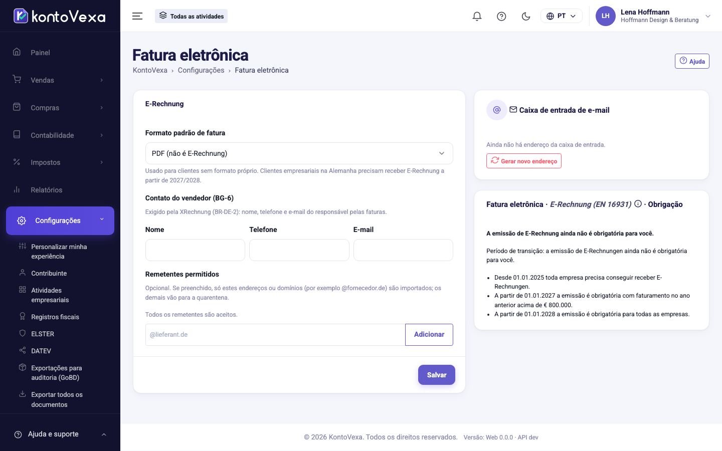 As configurações de fatura eletrônica