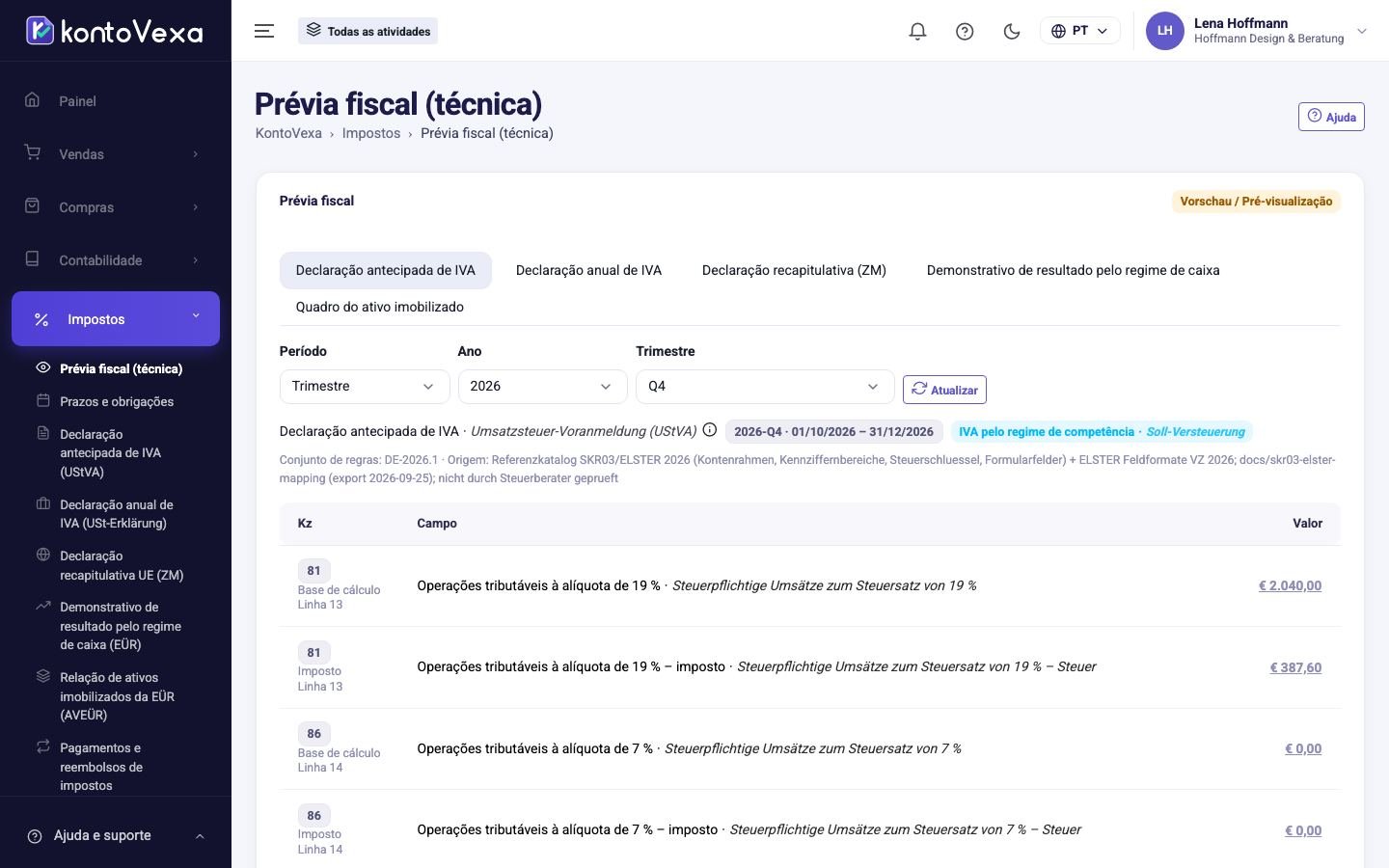 A prévia técnica de uma Umsatzsteuer-Voranmeldung, dividida por atividade