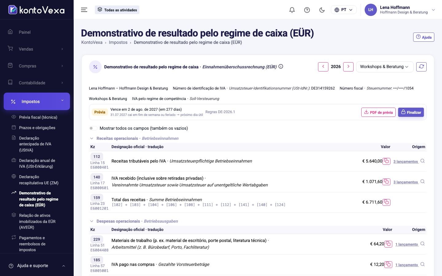 A Anlage EÜR de uma atividade no status Prévia